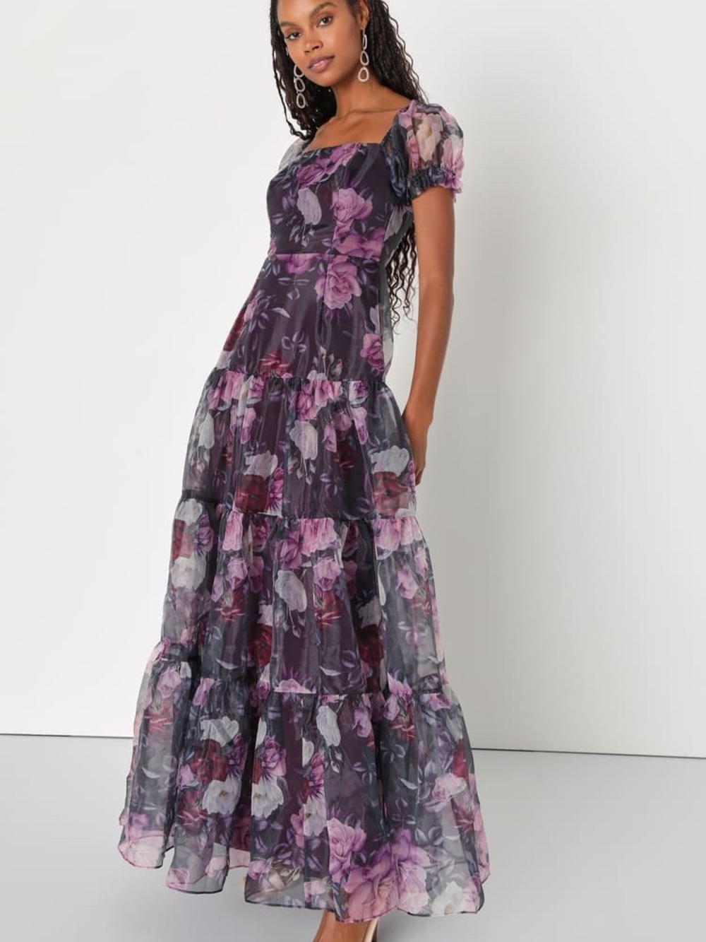 Lulu's Women’s Floral Puff-Sleeve Tiered Maxi Wedding Guest Dress Small NWT - Picture 2 of 16